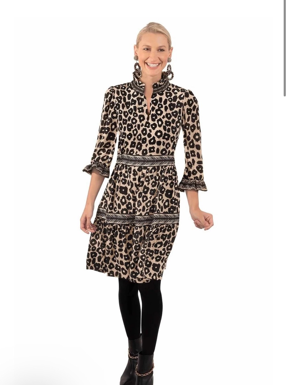 Gretchen Scott Designs Black and Cream Animal Print Mini Dress